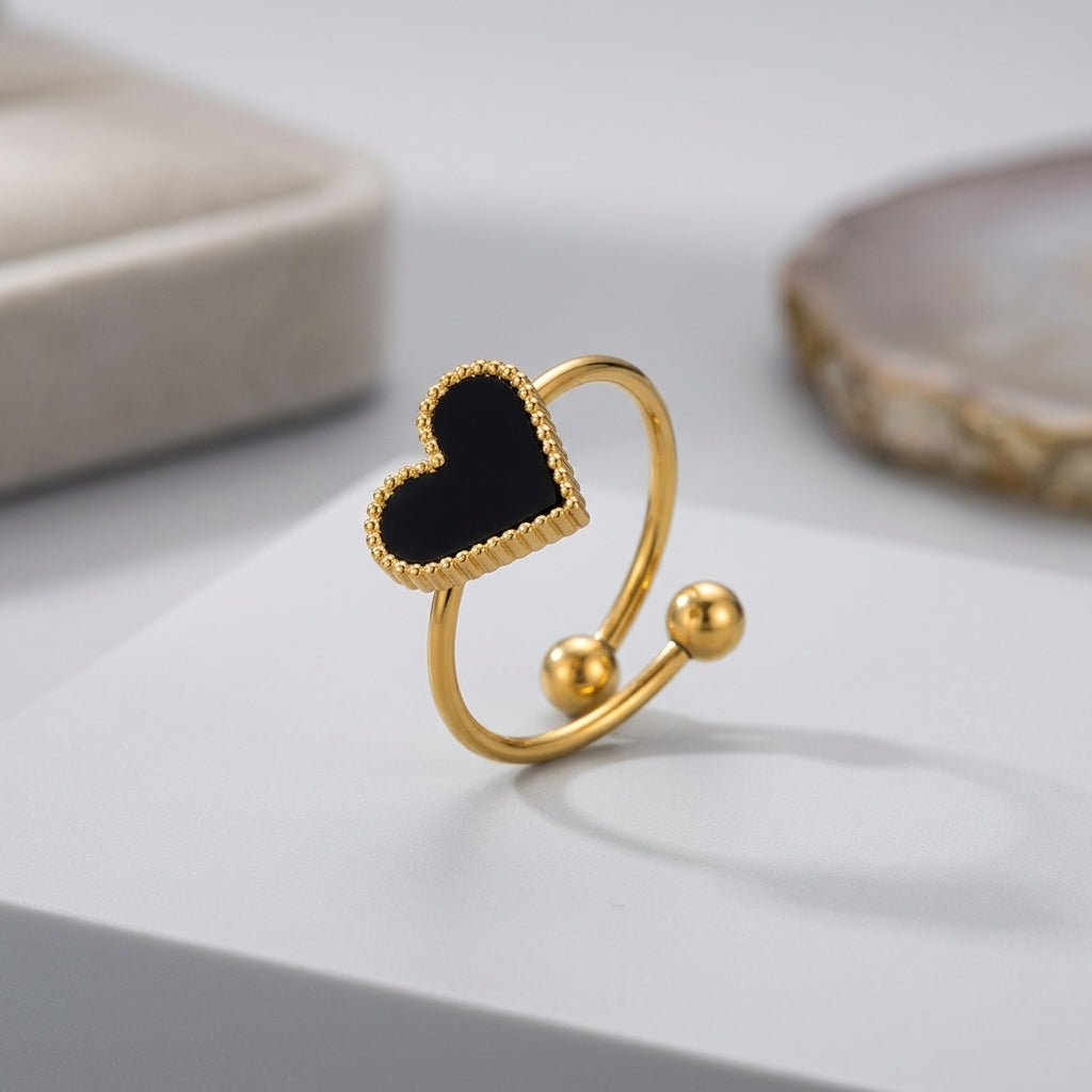 Black Enamel Heart Adjustable Ring