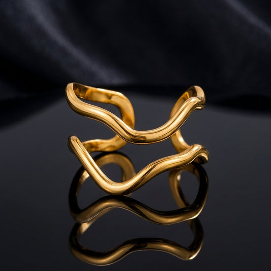 Double-Band Wave-Motif Stainless Steel Gold Ring