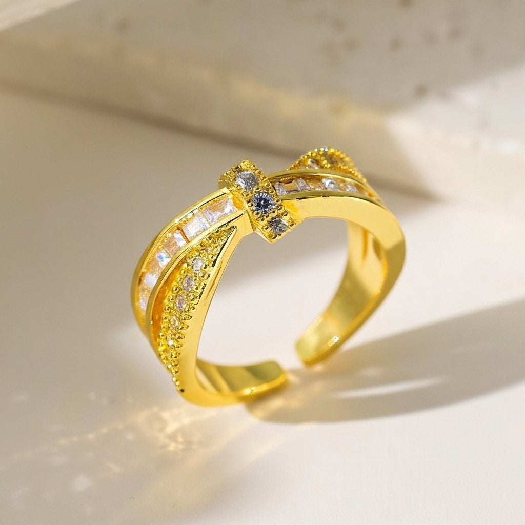 Gold Plated Crossover Ring with Cubic Zirconia Accents
