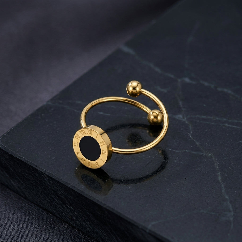 Classic Gold Roman Numeral Ring with Onyx Accent