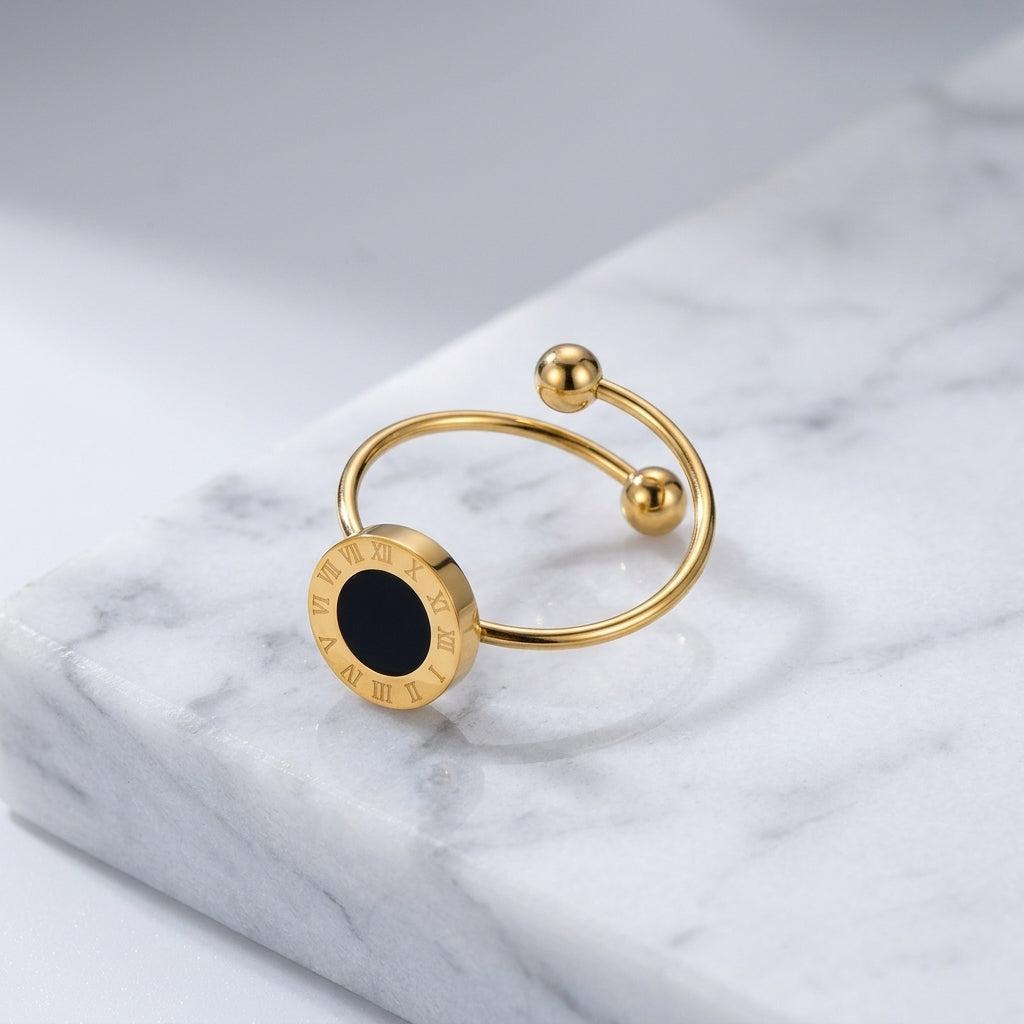 Classic Gold Roman Numeral Ring with Onyx Accent