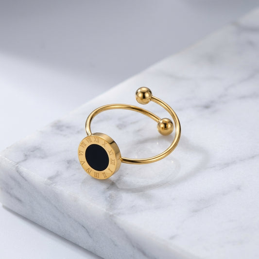 Classic Gold Roman Numeral Ring with Onyx Accent