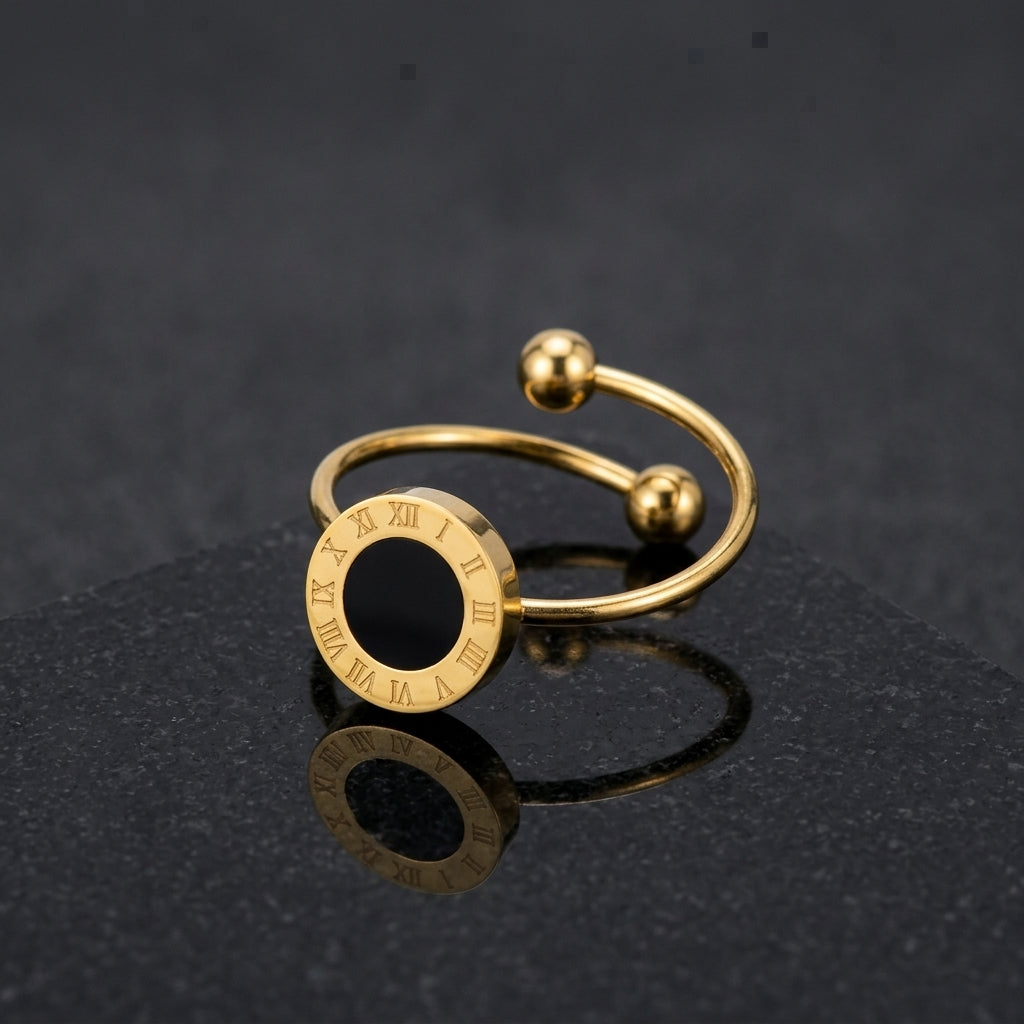 Classic Gold Roman Numeral Ring with Onyx Accent