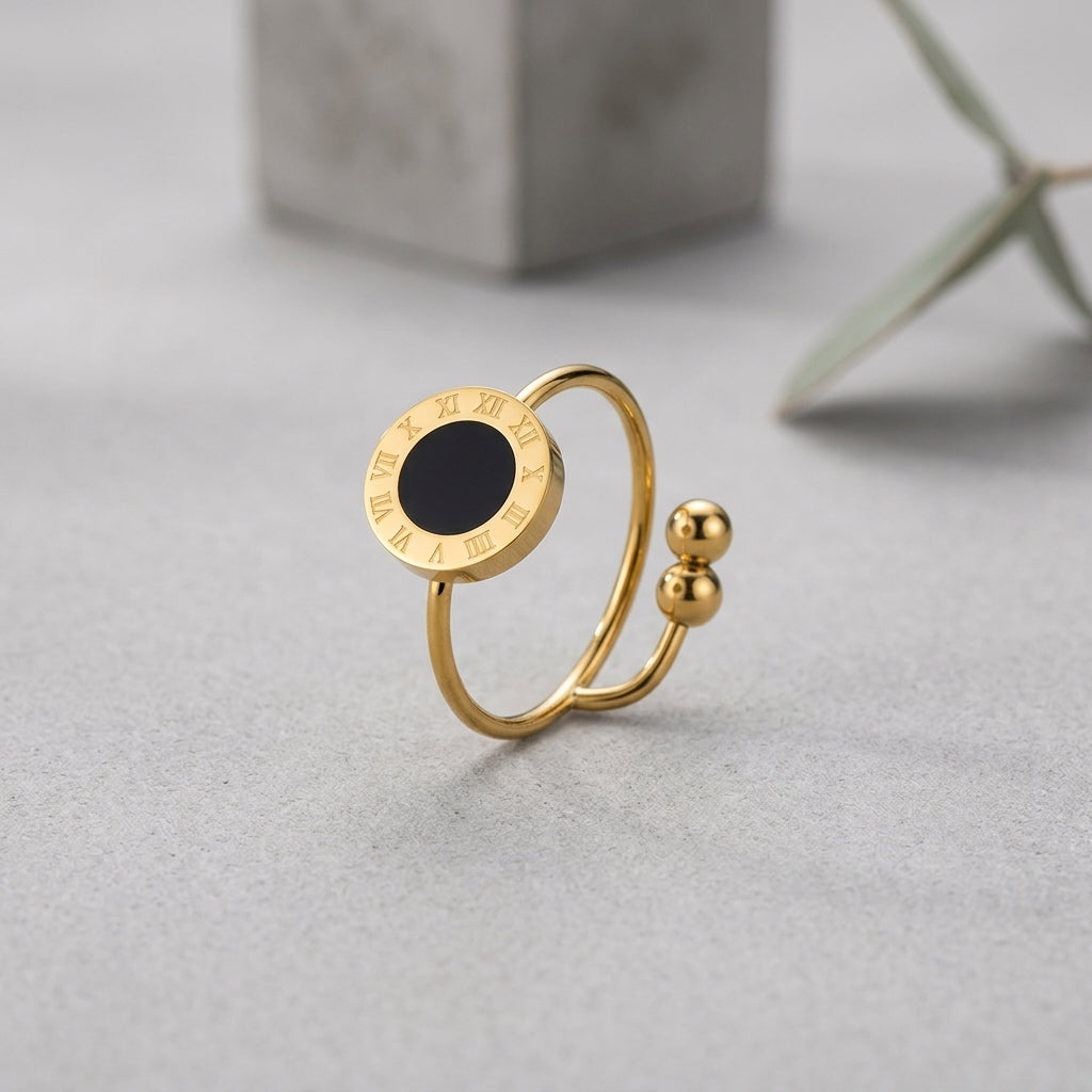 Classic Gold Roman Numeral Ring with Onyx Accent