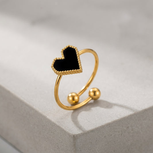 Black Enamel Heart Adjustable Ring