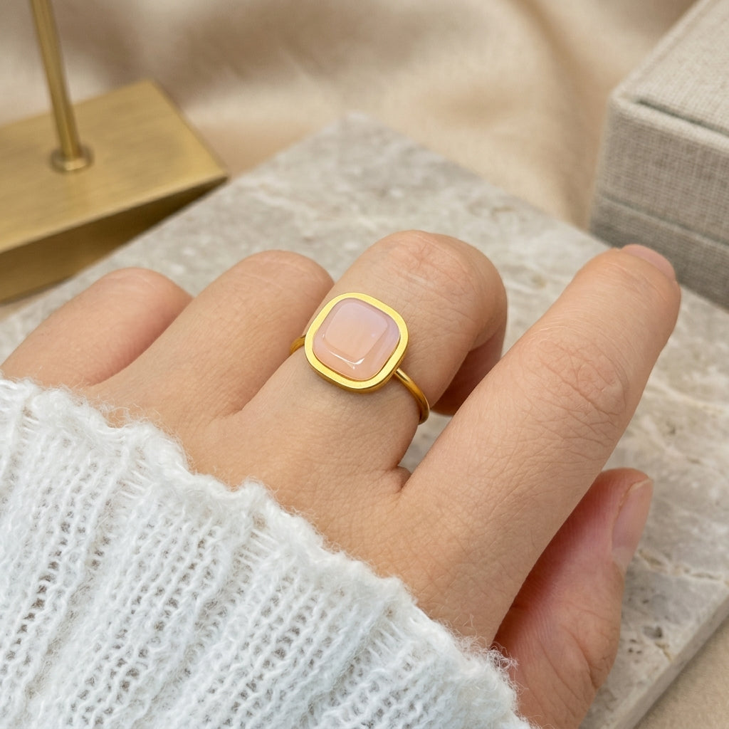 Square Peach Moonstone Ring