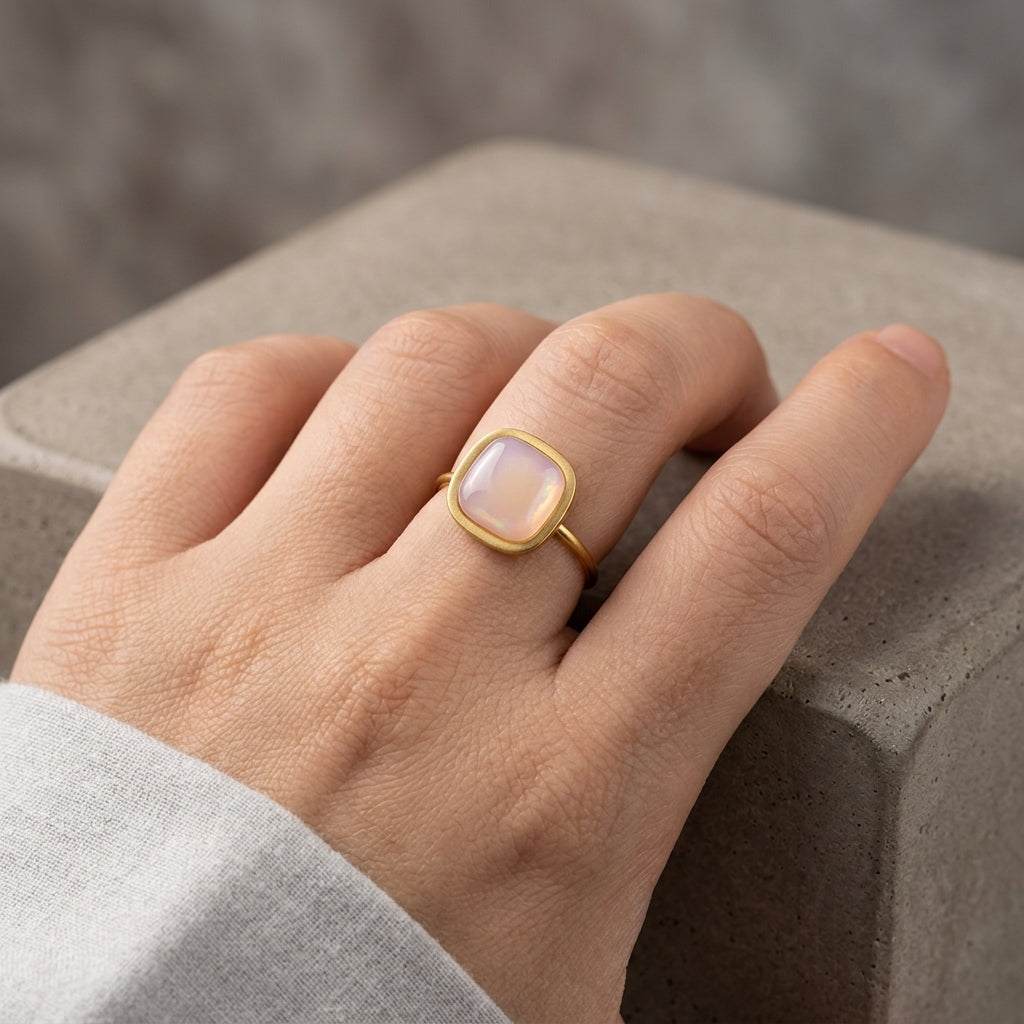 Square Peach Moonstone Ring