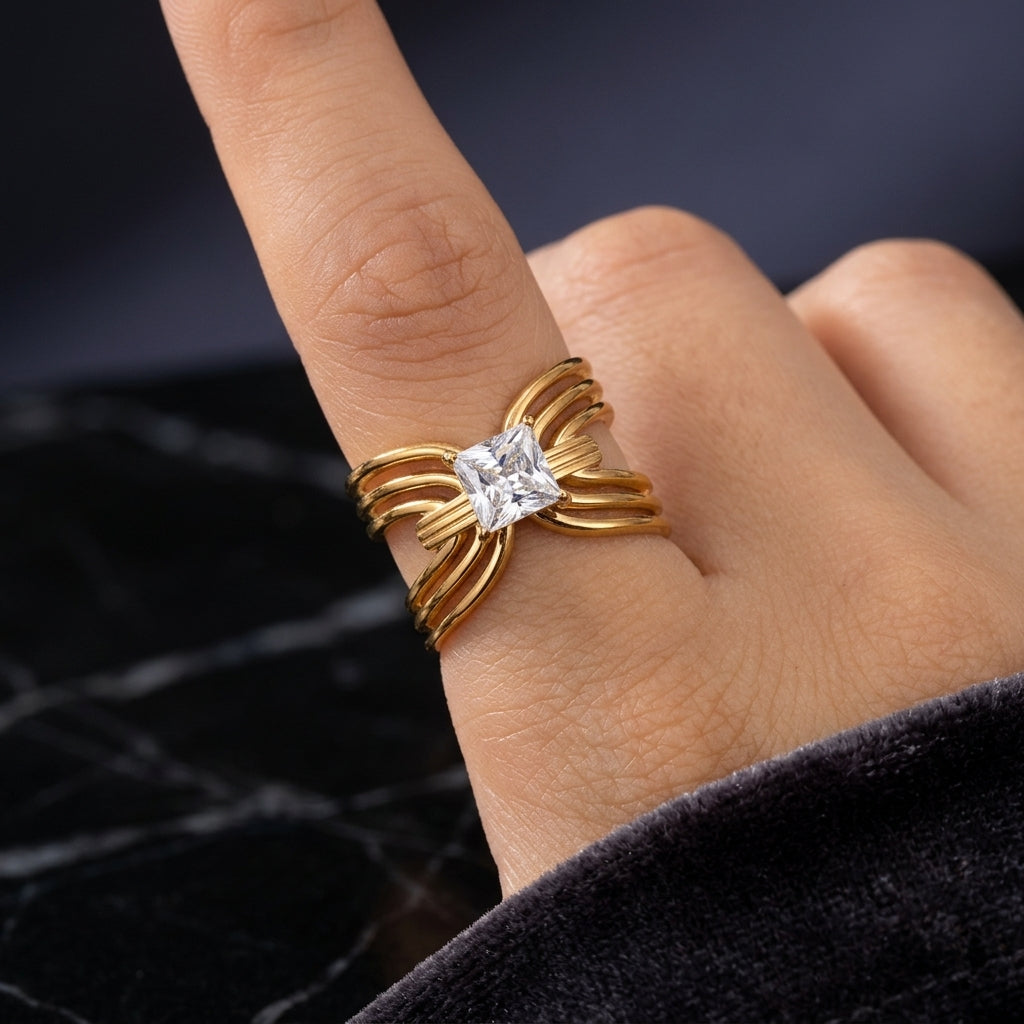 Gold-Tone Geometric Cross-Band Ring