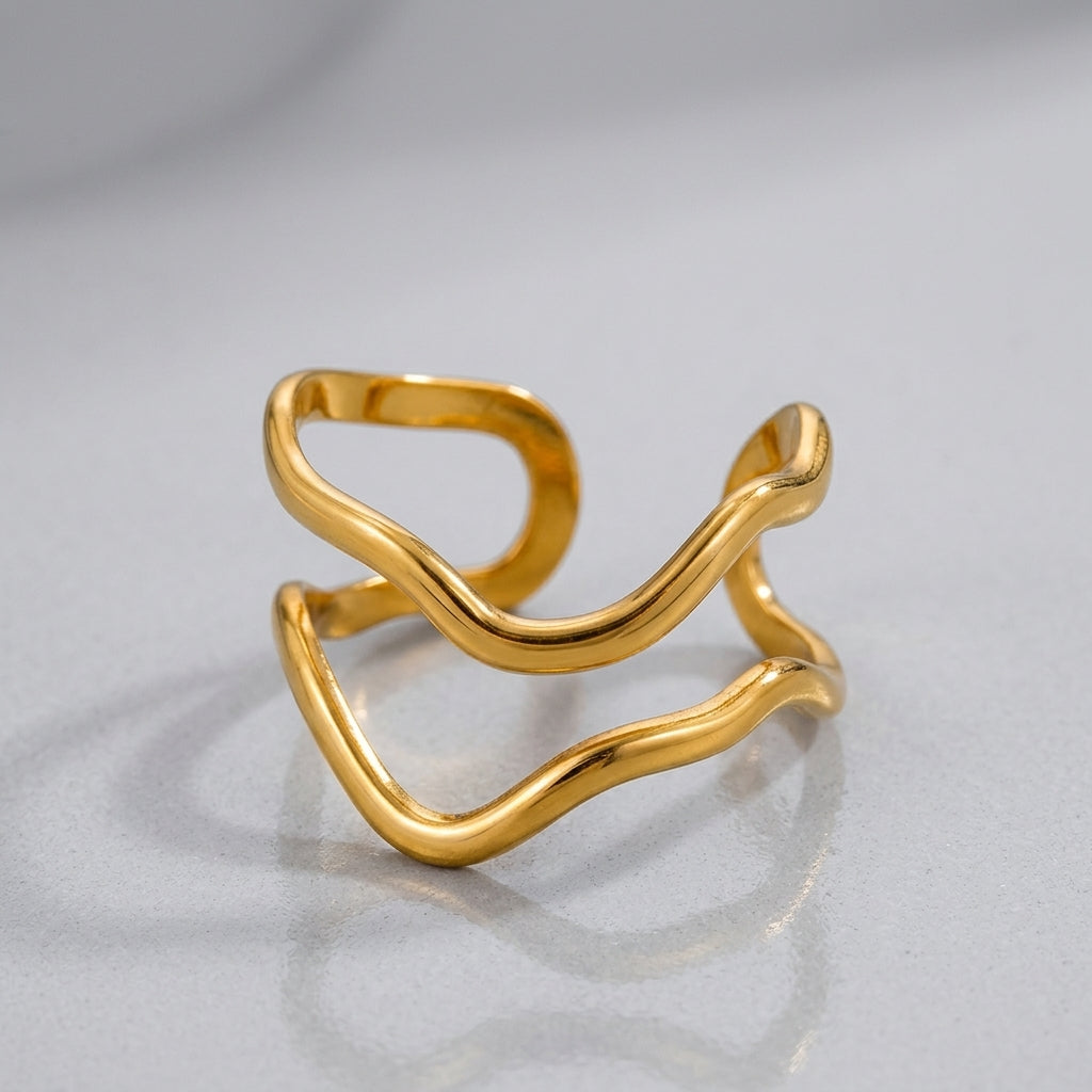 Double-Band Wave-Motif Stainless Steel Gold Ring