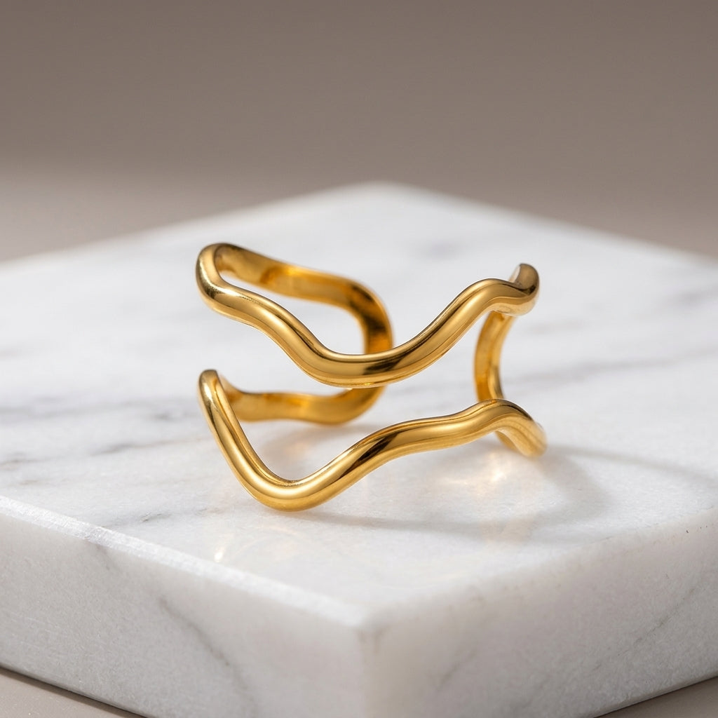 Double-Band Wave-Motif Stainless Steel Gold Ring
