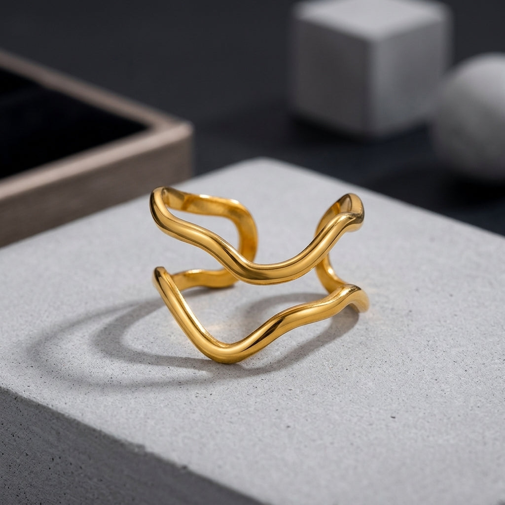 Double-Band Wave-Motif Stainless Steel Gold Ring