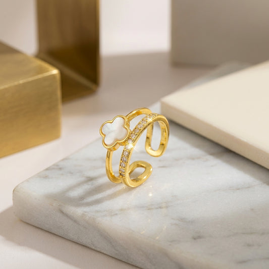 Double Layer Clover Ring with Sparkling Zirconia.