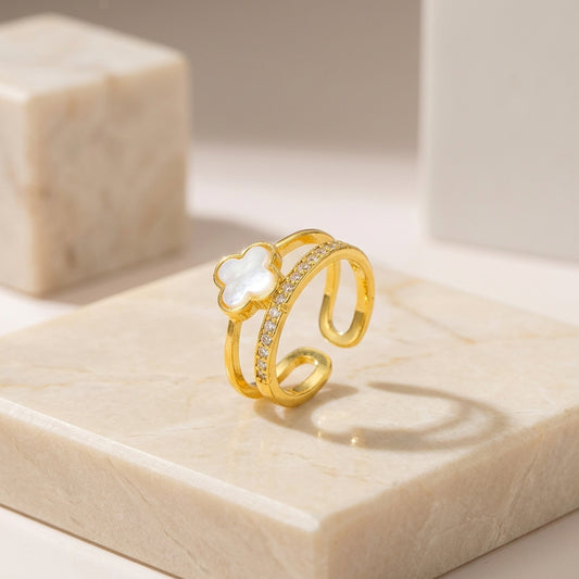 Double Layer Clover Ring with Sparkling Zirconia.